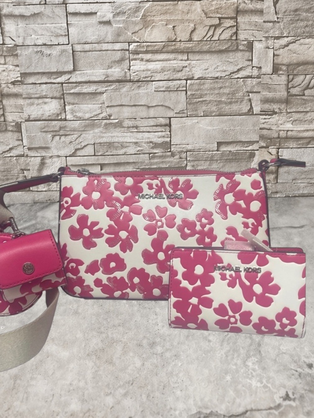 Michael Kors Crossbody With Tech Accessories Attached Dragonfruit Floral